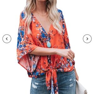 Floral Print Tie Front Kimono Sleeve Blouse